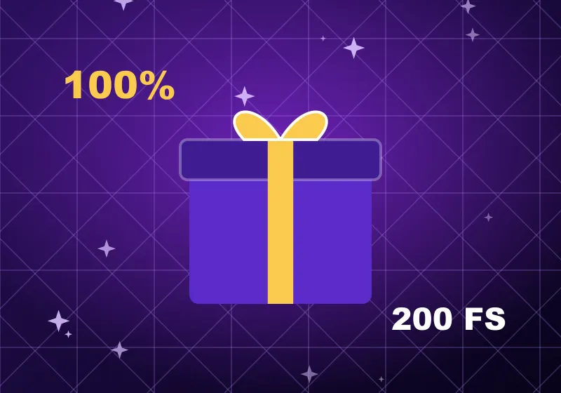 Purple gift box with 100% and 200 FS labels Purple gift box with 100% and 200 FS labels