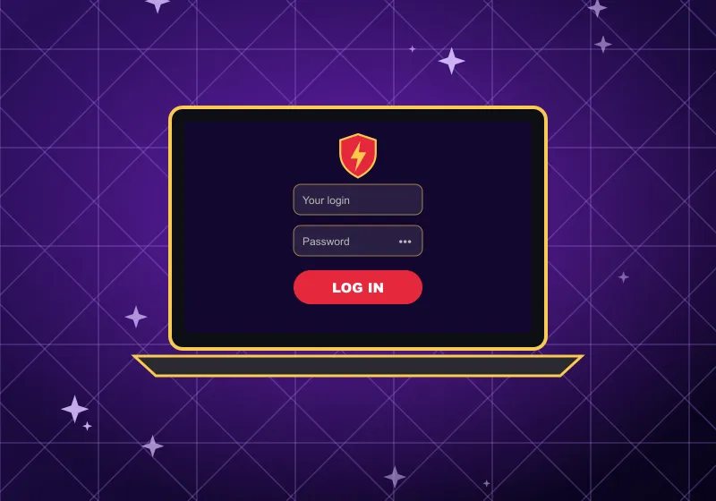 Laptop with the Vegas Hero casino login form and a red LOG IN button Laptop with the Vegas Hero casino login form and a red LOG IN button