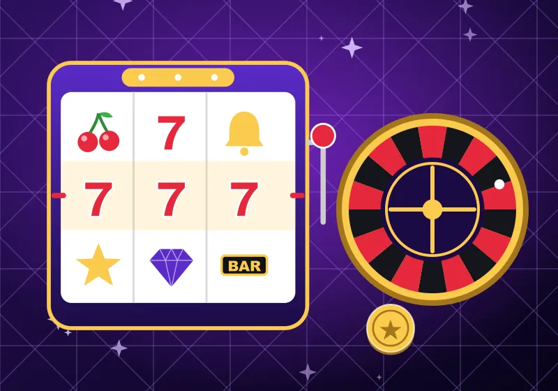 Slot machine with three sevens next to a roulette wheel Slot machine with three sevens next to a roulette wheel