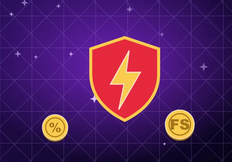 Red Vegas Hero shield with a gold lightning bolt between bonus coins Red Vegas Hero shield with a gold lightning bolt between bonus coins